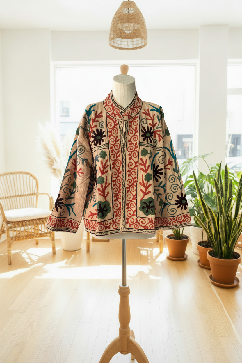 Chaqueta crema bordada frontal maniquí