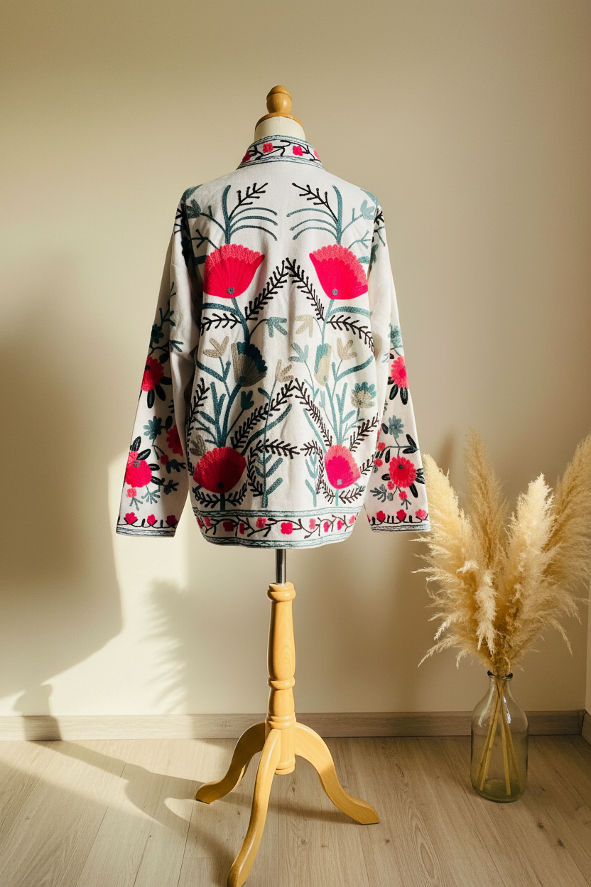 Chaqueta crema bordada - maniquí trasera