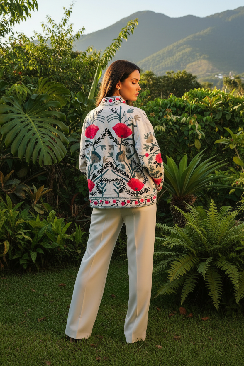 Chaqueta crema bordada - trasera longitud correcta