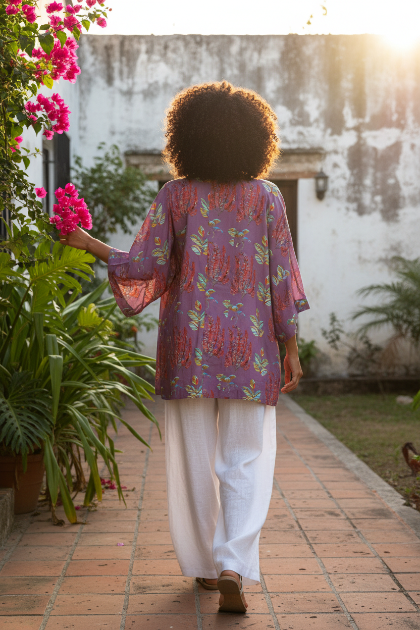 Kimono lavanda tropical morena ajustado espalda