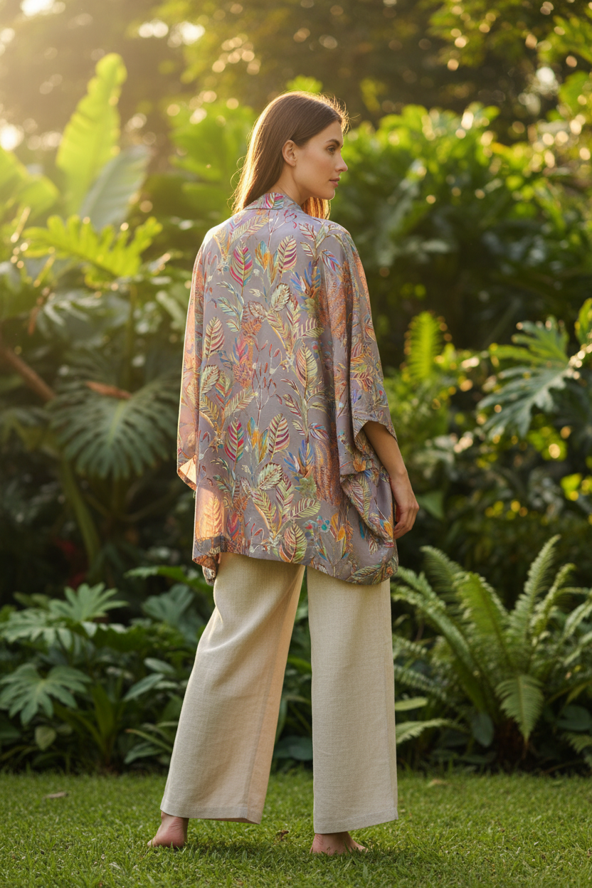 Kimono plumas gris - lifestyle trasera medio muslo