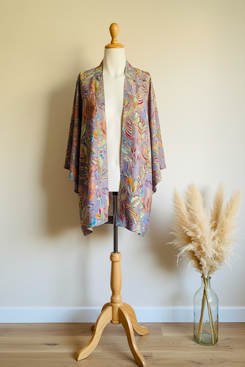 Kimono plumas gris - maniquí frontal set limpio