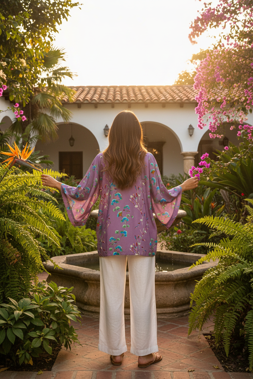 Kimono lavanda floral espalda golden hour